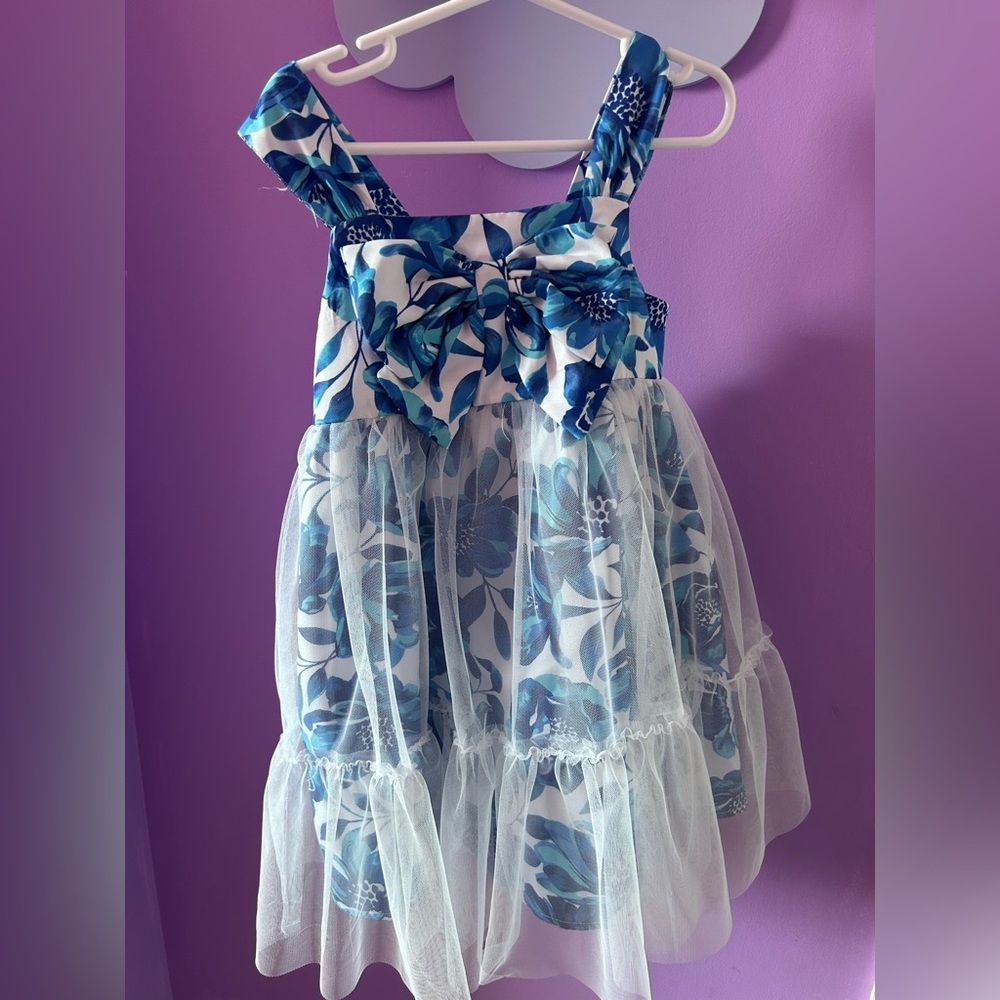 Floral Blue and White Dress with Bow